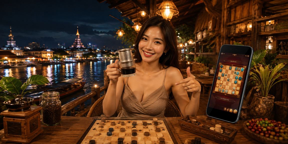 Người dùng tại miền Tây sông nước Mekong chơi bài card game trực tuyến bên ly cà phê sáng